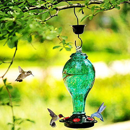 LUJII Hummingbird Feeder, Hand Blown Glass Hummingbird Feeder, Never Fade, 36 Fluid Ounces, 5 Feeding Metal Stations, Much Bigger, Garden Backyard Decorative, Containing Ant Moat (Blue) - color: Blue, size: Large
