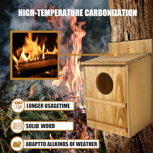 Owl House,Wooden Owl Box,Owl Houses for Outdoors, Suitable for Screech Owl Nesting Box and Kestrels, Easy Assembly with Circular Opening, Includes Mounting Screws and Wood Shavings
