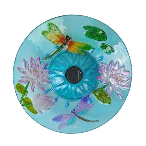 Teamson Home Handpainted Dragonfly Fusion Glass Solar Birdbath Bowl Feeder with LED Light for Outdoor Patio Garden Backyard Decking Decor, 21 Inch Height, Light Blue