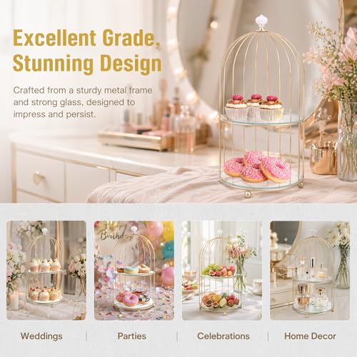 DOITOOL Gold Metal Cupcake Stand Bird Cage Dessert Stand, 2 Tier Dessert Display Stand Cake Holder for Wedding, Party, Birthday, Baby Shower Celebrations, Table Decorations