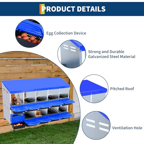 Chicken Nesting Box, 10-Hole Roll Away Egg Laying Box with Lid, Galvanized Steel Rustproof Design - Easy Egg Collection, Easy Clean Wall-Mountable Without Bracket, Blue - color: blue, size: 10 HOLES WITHOUT LEGS