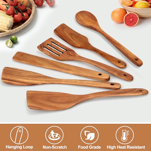 Flat Wood Spatula Set Teak Wooden Spoon for Cooking Utensils Slotted Turner | 6 Pcs Best Non Toxic Kitchen Utensil Set Scraper Spurtle Serving Turner Bamboo Cooking Spoons Egg Flipper Spatulas - color: 6 Pcs