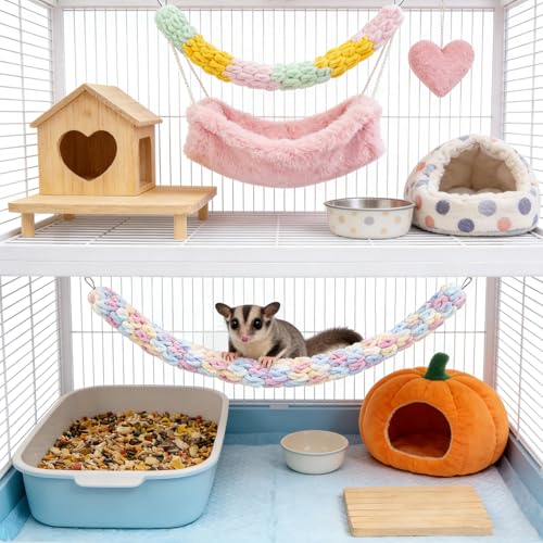 Sugar Glider Cage Accessories, 2 Pack Multicolor Cotton Rope Climbing Toys with Metal Hook, Enrichment Exercise Toys Sugar Glider, Rat, Squirrel, Bird, Other Little Climber