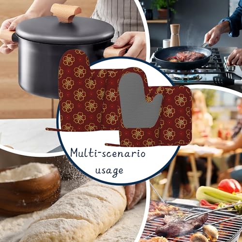 Gold Cherry Blossoms Oven Mitts and Pot Holders Sets,Extra Long Red Flowers Kitchen Mittens for Cooking,Thick Cotton Heat Resistant Silicone Cooking Utensils Set for Baking Cooking Grilling - color: Gold Cherry Blossoms