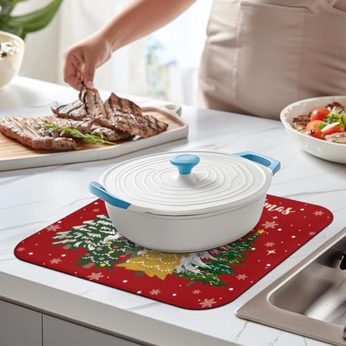 Christmas Kitchen Countertop Dish Drying Mat,Red Christmas Tree Snowflake Pattern Microfiber Kitchen Drying Mat, Washable Absorbent Countertop Xmas Winter Holiday Dish Mat Drainer,16x18In - color: christmas, size: 16" x 18"