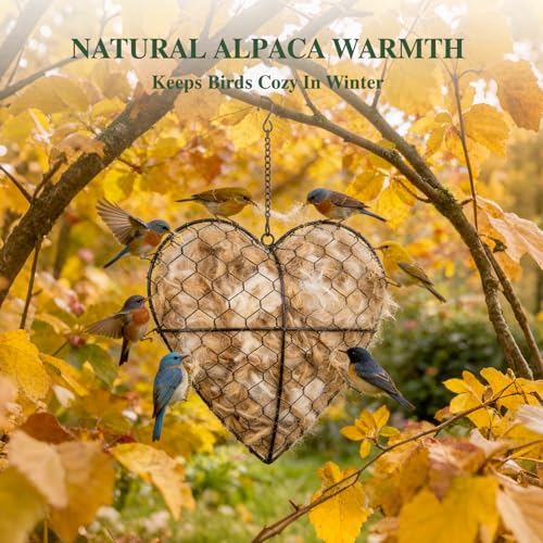 2 Pack Handmade Alpaca Fiber Bird Nesting Heart & Hanging Metal Mesh Bird Feeder Tray Kit - Outdoor Wild Bird Feeding & Nesting Kit for Garden, Patio, Backyard, Hummingbirds & Cardinals