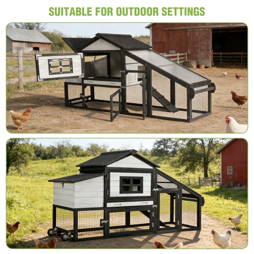 GUTINNEEN Large Chicken Coop with Wheels, Expandable Mobile Chicken House for Outdoor Use, Hen House Poultry Cage with Nesting Box, Leakproof Pull-Out Tray & UV-Resistant Roof – Black - color: (Black)