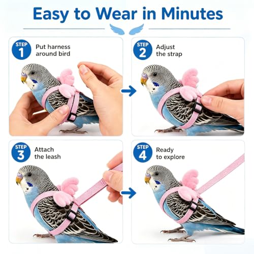 Pet Parrot Bird Harness and Leash, 2m Adjustable Polyester Rope with Cute Wing, Bird Flying Harness for Parrots, Pigeons, Budgerigars, Lovebirds, Cockatiels Outdoor Use - color: Pink, size: L