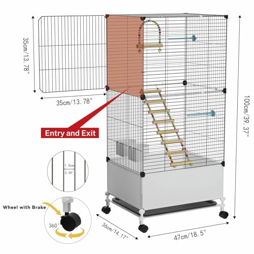 STILLCOVE Large Flight Bird Cage, with Bowls & Perches & Ladder & Swing | with Removable Tray, Universal Wheels, Wide Birdcage for Parakeet, Parrot, Cockatiel, Conure, Budgie, Canary, Finch, Lovebird - size: 14.2"L x 18.5"W x 39.4"H