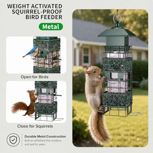Squirrel Proof Bird Feeder, 2.8LB Weight-Activated Metal Outdoor | Weight-activated guard, metal body, clear seed tube, 4 ports, top-fill, 2.8LB capacity for outdoor backyard bird watching