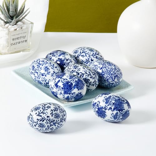 6pcs/Set Handcrafted Blue & White Ceramic Easter Eggs - Artisanal Decor for Home, Living Room & Office - Festive 6cm*4cm Accent Pieces - Perfect Mothers Day & Spring Easter Gifts (B) - size: G
