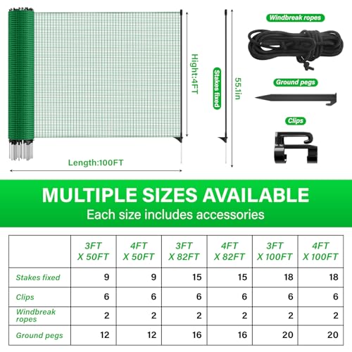 Temporary Fence with Posts, 4‘x100‘ Animal Barrier Dog Portable Fencing | with Fiberglass Stake Windbreak Rope,Safety Snow Plastic Netting for Garden Backyard Outdoor for Chickens or Other Animals - size: 4x100FT