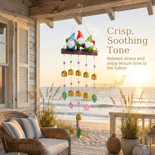 Gnome Wind Chime for Outside, Resin Wind Bells for Garden Decor | 29" Wind Chimes Outdoor with 3 Resin Gnome Statues and 8 Metal Bells, Soothing Tone Wind Bell Chimes, Housewarming Gifts - size: Gnomes