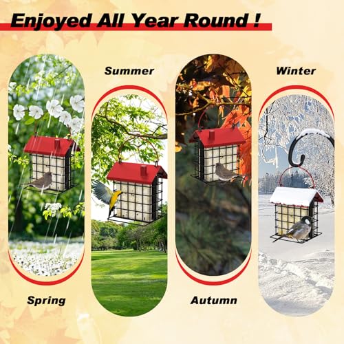 Gbekery All-Metal Double Suet Bird Feeder for Outdoors Hanging, Suet Cake Cage Holder with Weather-Resistant Roof & Perch for Outside Garden, Red - color: Red