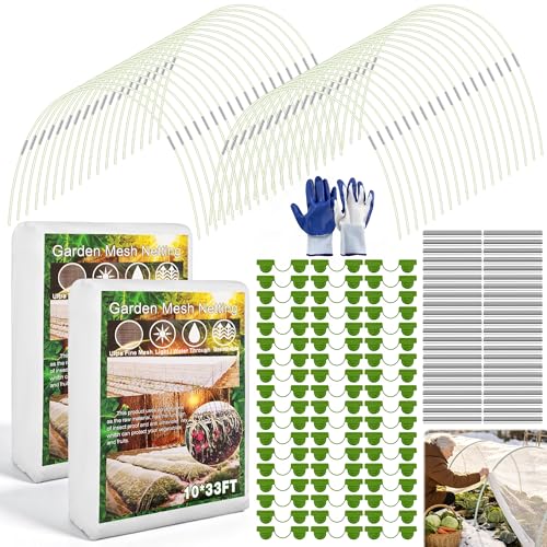 Garden Mesh Netting Kit, 2 Packs 10x33FT Netting, 100 Hoops 80 Connectors 72 Clips 1 Pair Gloves, Protection for Plant Vegetable Fruits Flowers Greenhouse