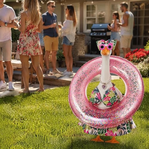 Bikini Porch Goose Outfit with Sunglasses & Swim Ring - Summer Hawaiian Flower Costume for 23" Garden Goose Statue Decor - style: Flower