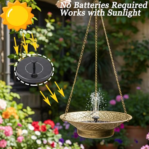 Hanging Solar Bird Bath for Outdoors, Metal Solar Powered Bird Bath Fountain, No Batteries Needed, 12.6" Hanging Bird Baths for Garden Patio Lawn Decor, Gold - color: Gold
