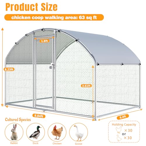 Large Metal Chicken Coop, Chicken Runs for Yard with Cover Walk-in Poultry Cage for 8 10 16 Chickens,Chicken Pen Duck Coop with Round Water-Resident Top and Feeding Door,Hen House 6.4Lx9.84Wx6.23'H FT - size: 6.4'L x 9.84'W x 6.23'H