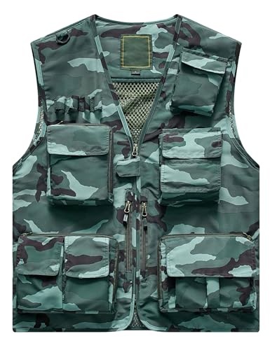 Flygo Men's Casual Lightweight Outdoor Fishing Work Safari Travel Photo Cargo Vest Jacket Multi Pockets - color: Camogreen, size: X-Small