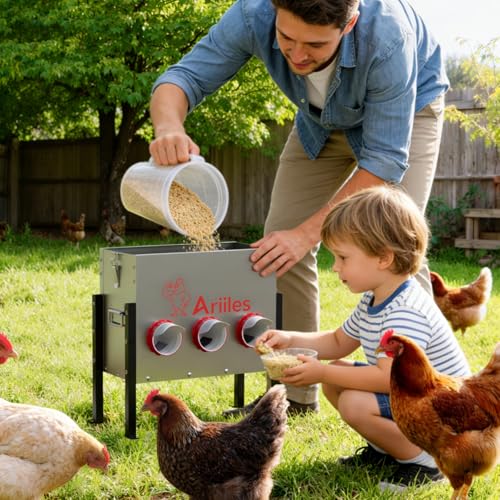 Automatic Chicken Feeder, Metal Poultry Feeder, Chicken Feeders | 40LB Poultry Feeder With Stand & 6 Ports. Includes Bonus Vegetable Net, Feeder Sealant And Anchor Stakes For Chicken.