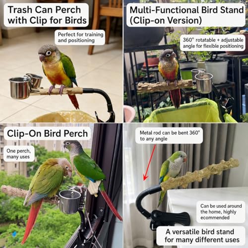 Bird Perch Stand with Clip and Food Bowl for Trash Can, Adjustable & Portable Parrot Stand, Bendable Bird Training Perch for Cockatiels, Conures, Lovebirds and Medium & Small Parrots