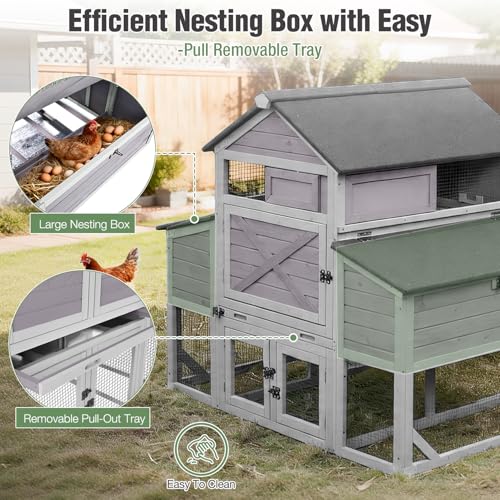 Large Chicken Coop with Run for 8-10 Chickens, Wooden Outdoor Hen House with 3-Section Nesting Box, Walk-in Poultry Cage, Pull-Out Metal Tray, Multiple Perches, Secure Ventilated Design