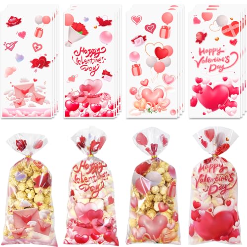 Valentines Goodie Bags, 120Pcs Valentines Treat Bags for Candy Goody Snacks Gifts Packing, Valentines Day Cellophane Bags With 135Pcs Twist Ties for Kids Classroom Party Favors - 4 Lovely Style - color: Valentines-120pcs