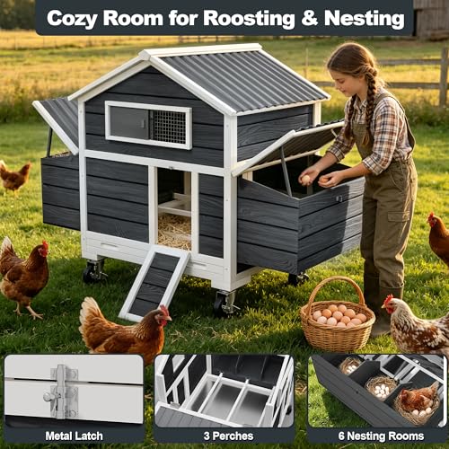 Large Chicken Coop with Wheels, Waterproof Outdoor Hen House for 6-8 Chickens, Movable Chicken House with Two Nesting Box, Removable Tray, PVC Cover, Wooden Duck Coop Rabbit Hutch(Black) - size: 61.0"L x 33.0"W x 58.0"H