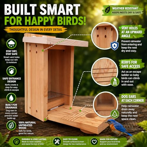 Premium Cedar Bluebird House for Outside - Wooden Bird Box with White Painted Roof & Noel Guard Predator Protection - Durable Birdhouses for Outdoors & Blue Bird Nesting