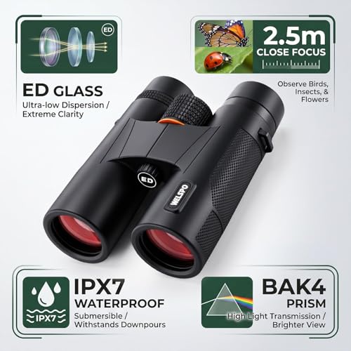 Welspo 10x42 Binoculars with ED Glass for Adults | Stable Phone Adapter included, Waterproof, Fogproof, for Bird Watching, Hunting, Hiking and Football Games