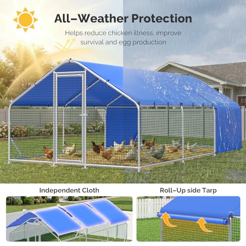 Sino Luban Large Metal Chicken Coop Run with Hardware Cloth Anti-Rust for 30 Chickens/Ducks, Chicken Runs for Yard with Waterproof Cover, Chicken Enclosure Pen Outdoor, Walk-in Poultry Cage - size: 17.8' L x 8.8' W x 6.4' H