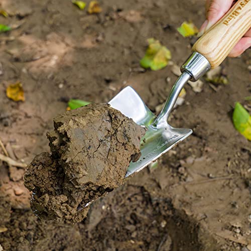 Berry&Bird Stainless Steel Trowel, Garden Small Flower Hand Shovel, Potting Soils Scoop with Wood Handle, Gardening Bonsai Tools for Transplanting Digging Weeding Planting | Stainless steel blade ergonomic wood grip & hanging loop. trowel for digging, wee
