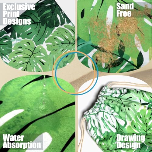 2 in 1 Packable Towel Bag - Summer Tropical Beach Blanket Backpack Green Travel Picnic Towel for Family Holiday Camping - color: Tropical Leaf Green