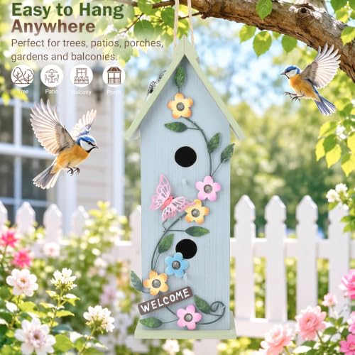 Yinns Hanging Birdhouse, Garden Decorative Wooden Bird House for Outdoor | Hanging Bird Houses for Outdoor, Colorful Flower Two-Tiered for Humming Bird, Bluebird, Wren Nesting - color: E-Two-Tiered Wood