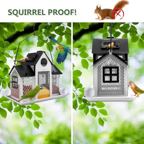 Solar Bird Feeders House for Outside Hanging, Metal Wild Bird Feeder for Outdoors Large Capacity Cardinal Birdfeeder Birdhouses Metal Bird Feeding Station White - color: white