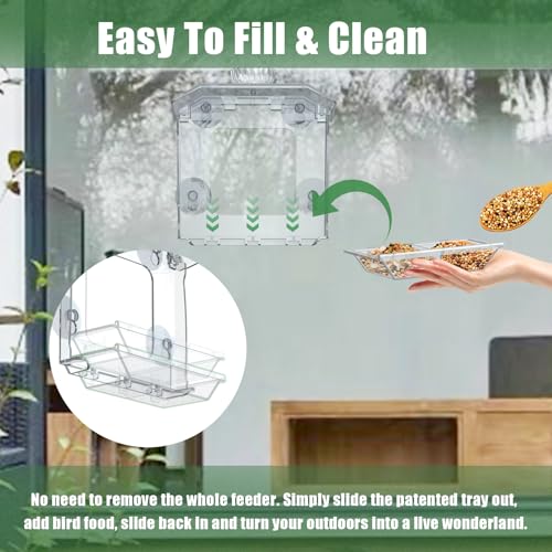 Clear Window Bird Feeder with Strong Suction Cups – Clear Bird Feeding Station with Dual Seed Tray & Water Bowl – Easy to Install and Clean for Outdoor Viewing