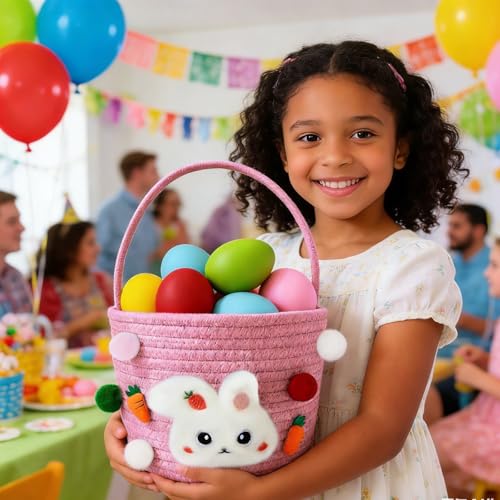 Easter Bunny Baskets for Kids, Baby Easter Empty Egg Basket with Handle, Woven Rope Cute Treasure Egg Hunt Baskets for Boys Girls Toddler, Easter Gifts, Pink ﻿ - color: Pink