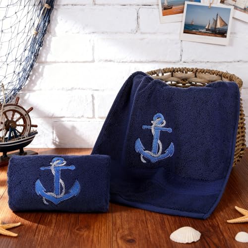 SmoothNovelty 2 Pcs Nautical Anchor Hand Towels for Bathroom 14x29 Inch | Embroidered Navy Blue Bathroom Hand Towels, 100% Cotton, Soft Absorbent, Summer Ocean Bathroom Kitchen Decor - style: Nautical Anchor