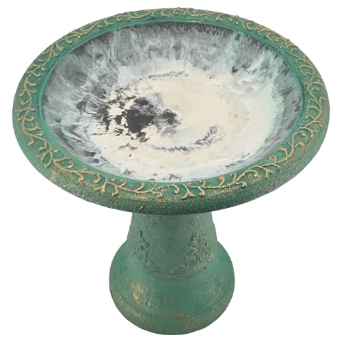 Arcadia Garden Products BB04 Fiberclay Bird Bath Outdoor Garden Decor, Antique Vintage Weather Resistant Water Bowl for Backyard and Patio and, 20-inch Tall, Green - color: Green