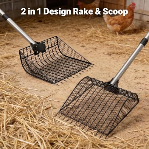 2-in-1 Metal Chicken Poop Scooper & Rake Durable Lightweight Sand Sifting Litter Shovel with Adjustable Long Handle, No-Bend Cleaning Tool for Chicken Coops & Farm Animals & Livestock