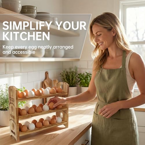 Wooden Egg Holder, 3 Tier 36 Egg Capacity, Farmhouse Egg Holder for Countertop, Stackable Egg Storage Rack for Fresh Eggs, Rustic Wooden Egg Organizer with Handles for Kitchen Counter