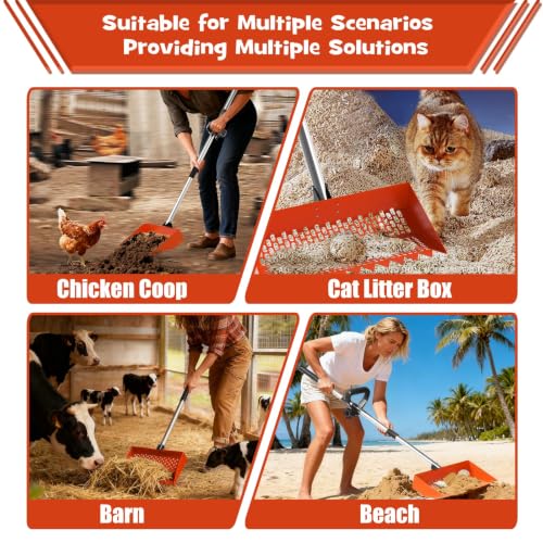 Chicken Poop Scooper & Rake 2-in-1 – 12 Inch Shovel Head & 3-Angle Adjustable 304 Stainless Steel Handle, Chicken Litter Scoop and Coop Rake & Sand Sifting Shovel for Chicken Coops, Orange - color: Orange