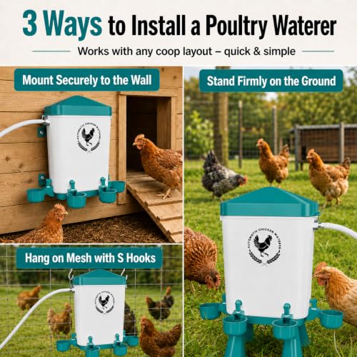 3 Gallon Chicken Waterer with 10 Chicken Water Cups, No Spill Poultry Waterer Bucket with Stand Legs, Hooks and Screws, Chicken Water Feeder for Coop, Ducks, Hens, Farm (Blue, Auto-1pcs) - color: Blue, size: Auto-1pcs