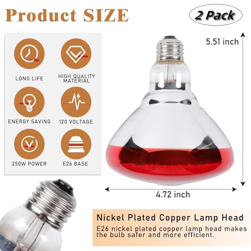 250W Red Heat Lamp Bulbs for Chicken,Infrared Flood Light Heat Lamp Bulb, Incandescent Light Heat Lamps for Chicks, Reptile, Pets, Par38 Glass E26 Base 2PCS - size: Par38 250W 2PCS