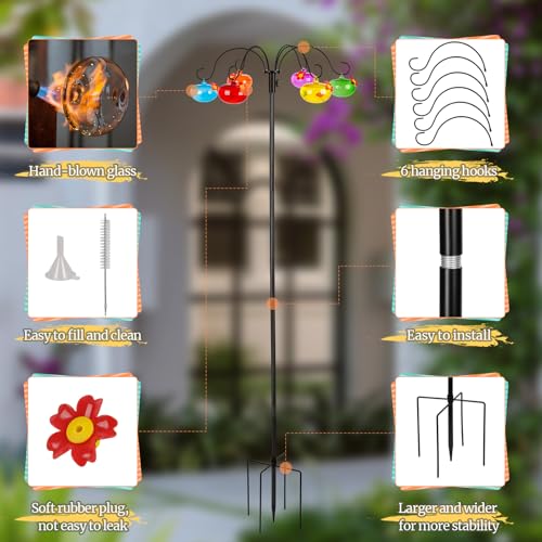 Liitrton Glass Hummingbird Feeders with Shepherds Hook for Outdoors | Hanging 6 Hand-Blow Glass Hummingbird Feeder Balls, Adjustable Hight Bird Feeder Pole for Outside Garden Decor