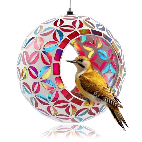 VOREEN Mosaic Glass Bird Feeder, Handcrafted Hanging Fly-Through Feeder for Outdoor Garden & Backyard, Decorative Wild Bird Feeder with Steel Wire Cable –Colorful Floral Mosaic Style - color: Multicolor kiss