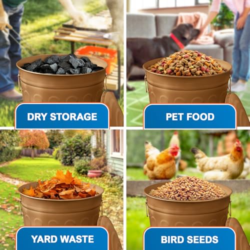 Plexon 13 Gallon Metal Trash Can with Lid Outdoor Vintage Trash Can Steel Retro Garbage Can for Kitchen Farmhouse Rustic Bird Seed Storage Pet Food Cute Bucket, Brown - color: Brown