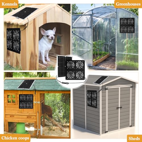 Rossesay 2 Set Solar Panel Fan Kit with 4 Fans 12w USB Weatherproof Solar Exhaust Fan Outdoor Solar Greenhouse Fan Portable Chicken Coop Fan, Metal Shell for Sheds, Attic, Pet Houses, Window Exhaust