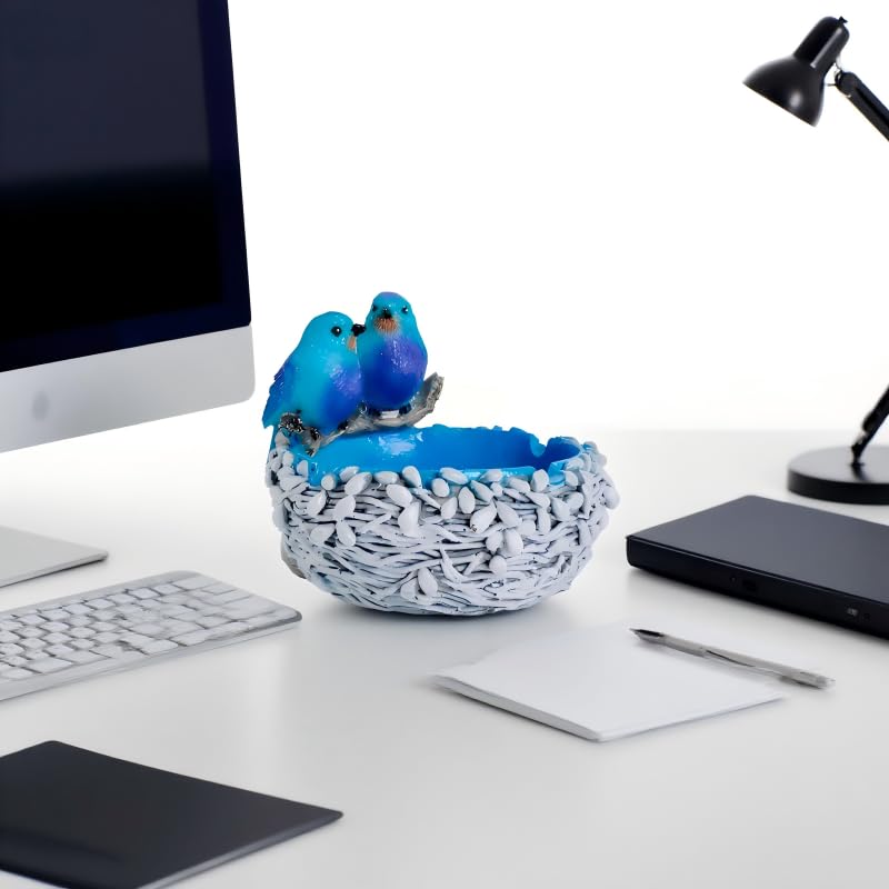 Robin Nest Resin Storage Statue - Desktop Bowl with Tray for Jewelry, Rings, Keys - Rustic Farmhouse Bird Figurine for Home Decor, Coffee Table Decor - Birthday Housewarming Gifts - color: Blue