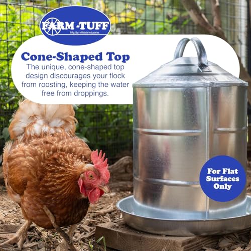 FARM-TUFF Galvanized Poultry Waterer, 3 Gallon Capacity - Double-Wall Poultry Fountain with Cone Top - Automatic Gravity-Fed Water Dispenser for Chickens, Ducks & Game Birds - size: 3 Gallon Capacity